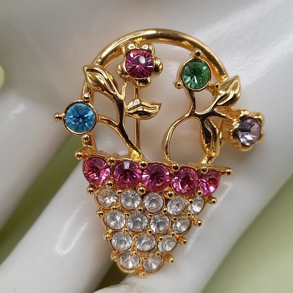 Monet Vintage Gold Tone Pink, Clear Purple Rhinestone Flower Basket Brooch - Picture 1 of 8